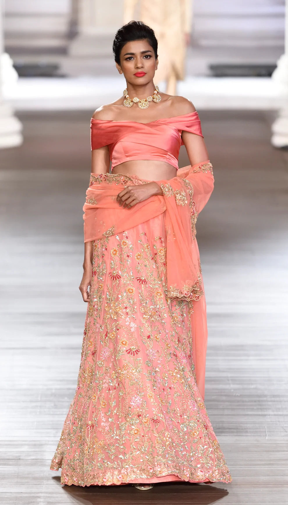 Watermelon Tulle Lehenga with Floral Embroidery