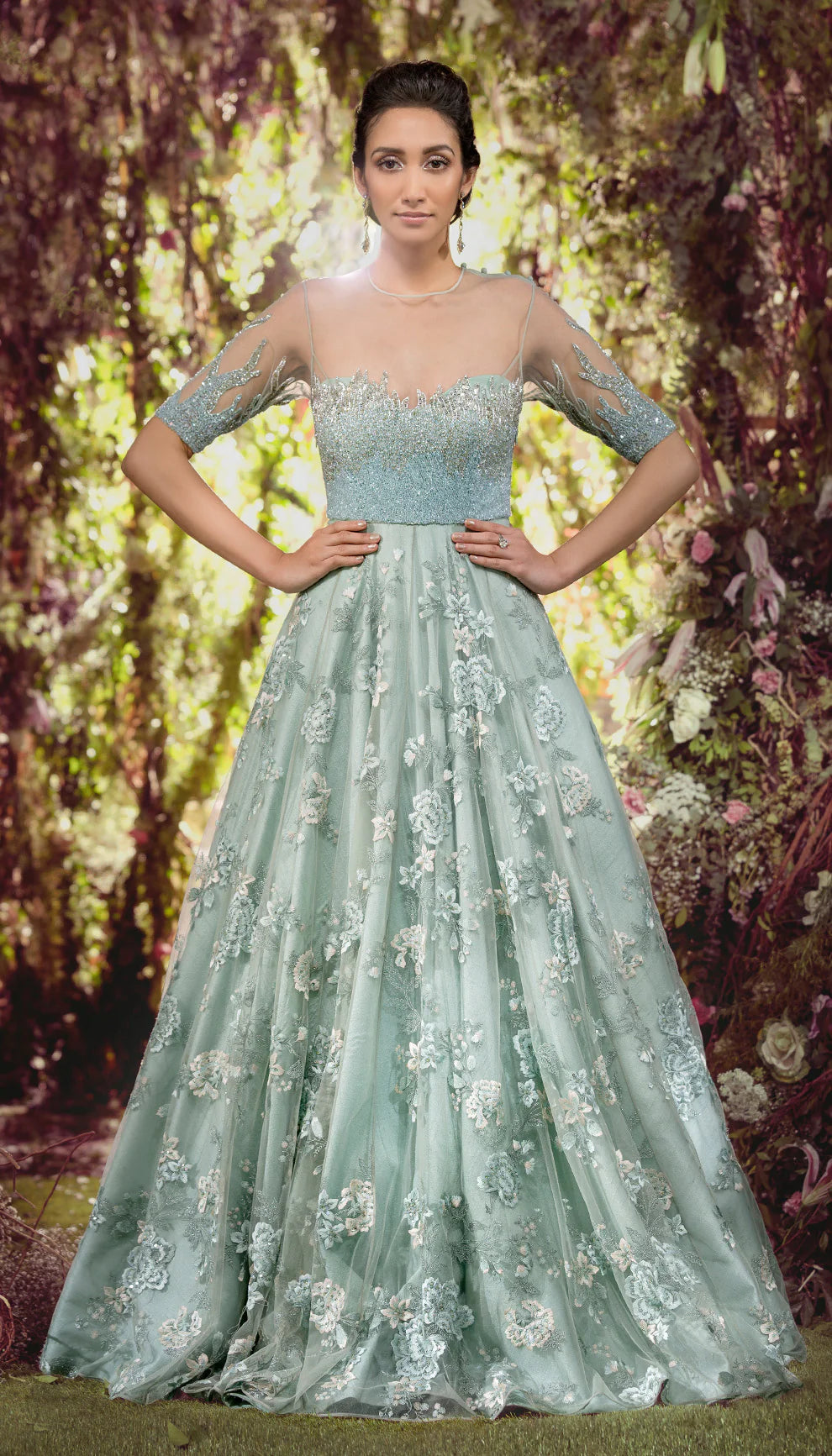 Sky Blue Floral Tulle Gown