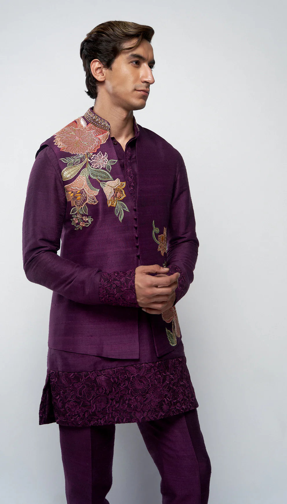 Aubergine, raw silk bandi, floral embroidery, rose gold zardozi accents, beadwork, raw silk kurta, tailored trousers, bandi set, wedding, festive gatherings, evening occasions