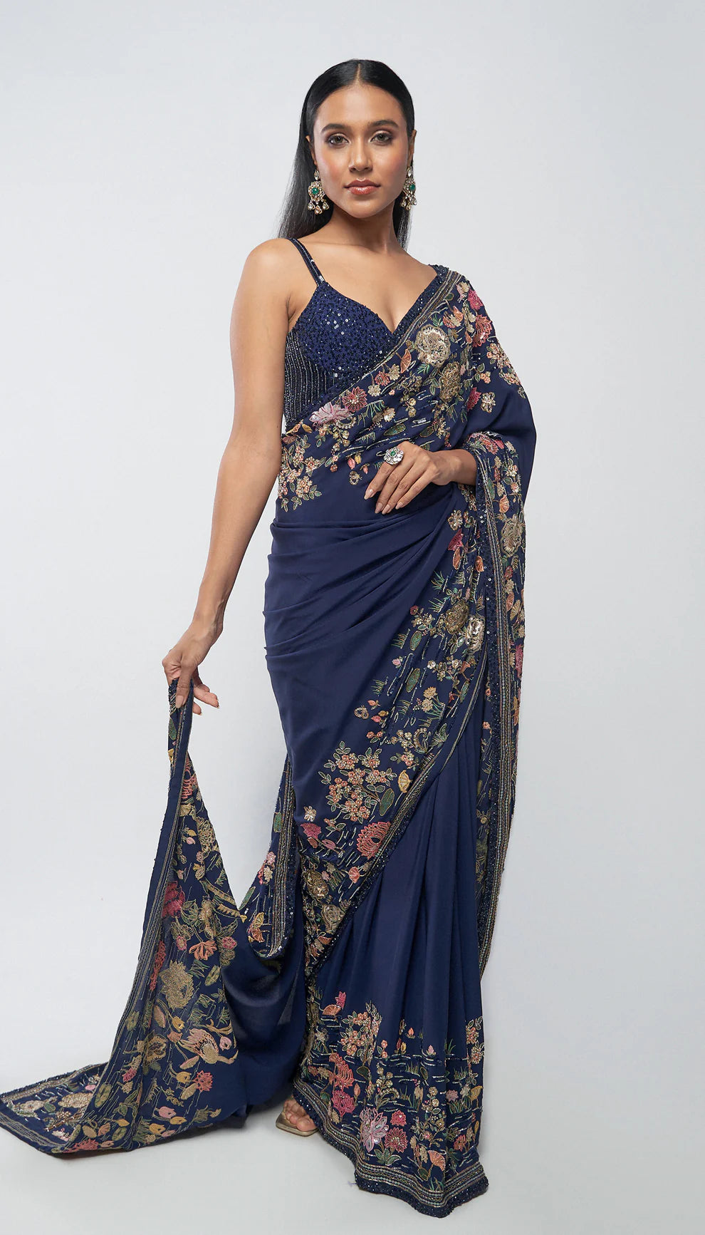 Midnight blue, crepe silk saree, spring- inspired, embroidered, threadwork, rose gold zardozi, sequins, crystal, tulle net corset blouse, blue saree, wedding, festive evenings, soirees, floral saree, silk saree, blue silk saree, designer saree
