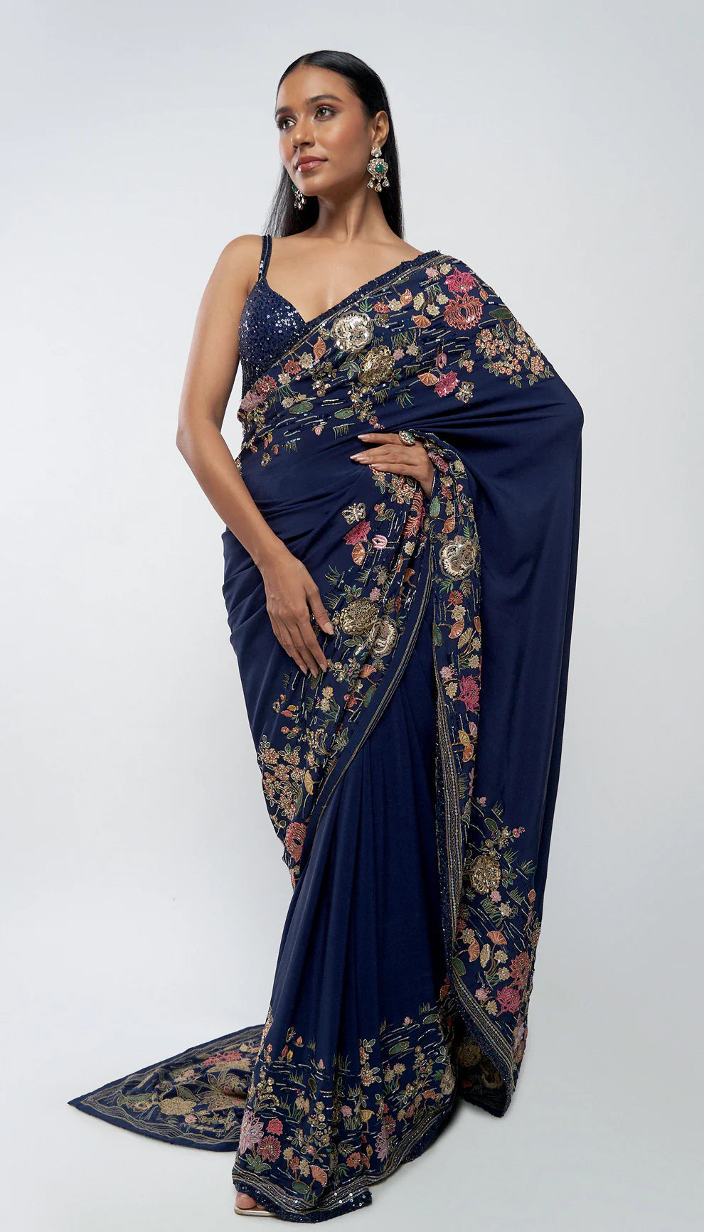 Midnight blue, crepe silk saree, spring- inspired, embroidered, threadwork, rose gold zardozi, sequins, crystal, tulle net corset blouse, blue saree, wedding, festive evenings, soirees, floral saree, silk saree, blue silk saree, designer saree