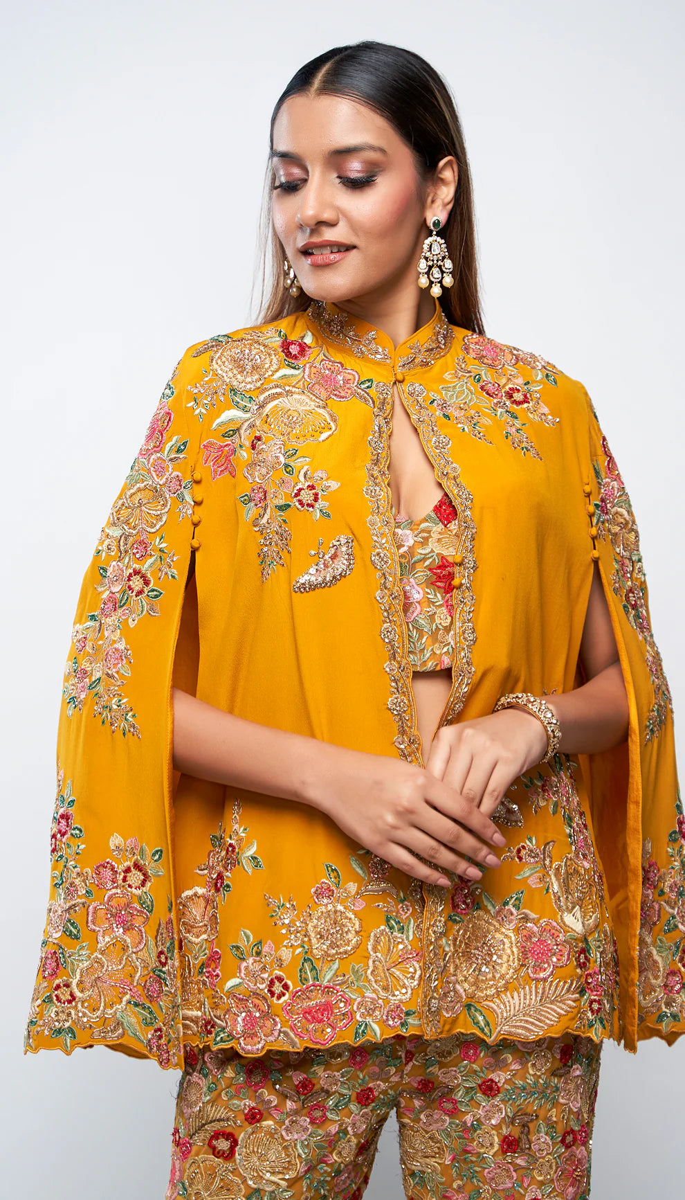 Melon yellow, sharara, tropical bloom embroidery, glass beads, sequins, crystal accents, matching crop top, embellished cape, yellow sharara, weddings, sangeet, evening occasions