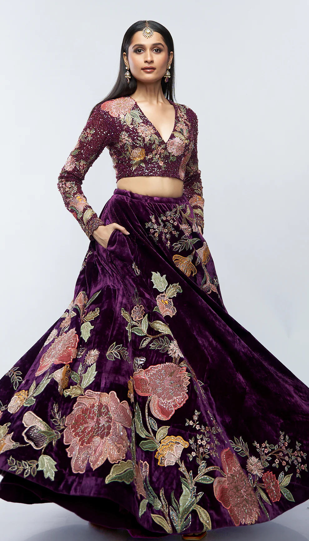 Aubergine, silk velvet skirt, floral embroidery, rose gold zardozi, glass beads, kali, embellished crop top, silk organza dupatta, silk velvet skirt, wedding, receptions, evening wear