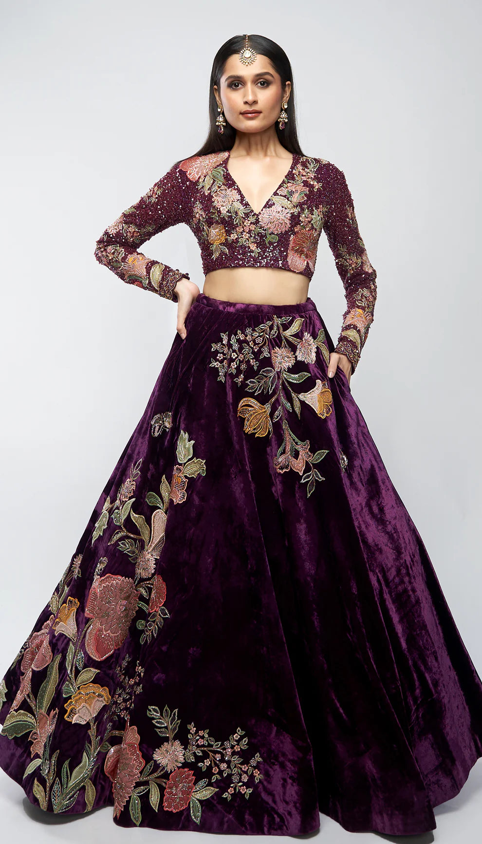 Aubergine, silk velvet skirt, floral embroidery, rose gold zardozi, glass beads, kali, embellished crop top, silk organza dupatta, silk velvet skirt, wedding, receptions, evening wear
