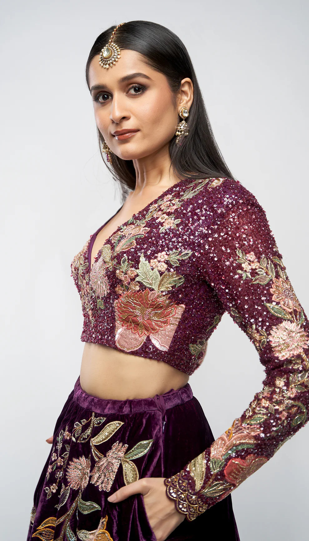 Aubergine, silk velvet skirt, floral embroidery, rose gold zardozi, glass beads, kali, embellished crop top, silk organza dupatta, silk velvet skirt, wedding, receptions, evening wear