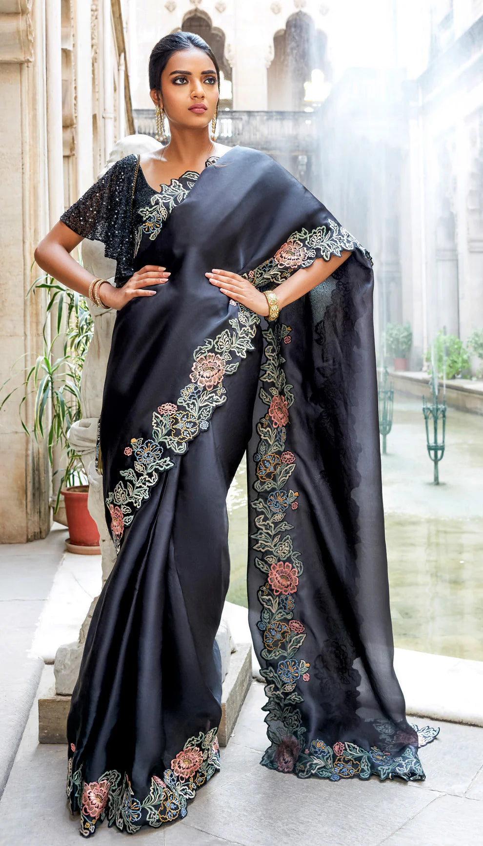 Black Organza Saree with Multi Colored Wildflower Resham Border