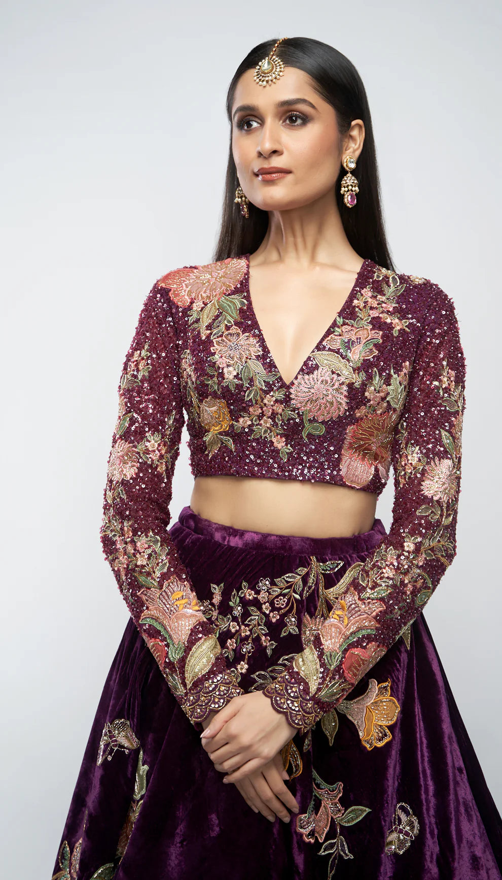 Aubergine, silk velvet skirt, floral embroidery, rose gold zardozi, glass beads, kali, embellished crop top, silk organza dupatta, silk velvet skirt, wedding, receptions, evening wear