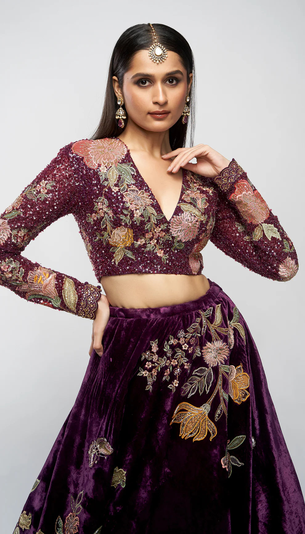 Aubergine, silk velvet skirt, floral embroidery, rose gold zardozi, glass beads, kali, embellished crop top, silk organza dupatta, silk velvet skirt, wedding, receptions, evening wear