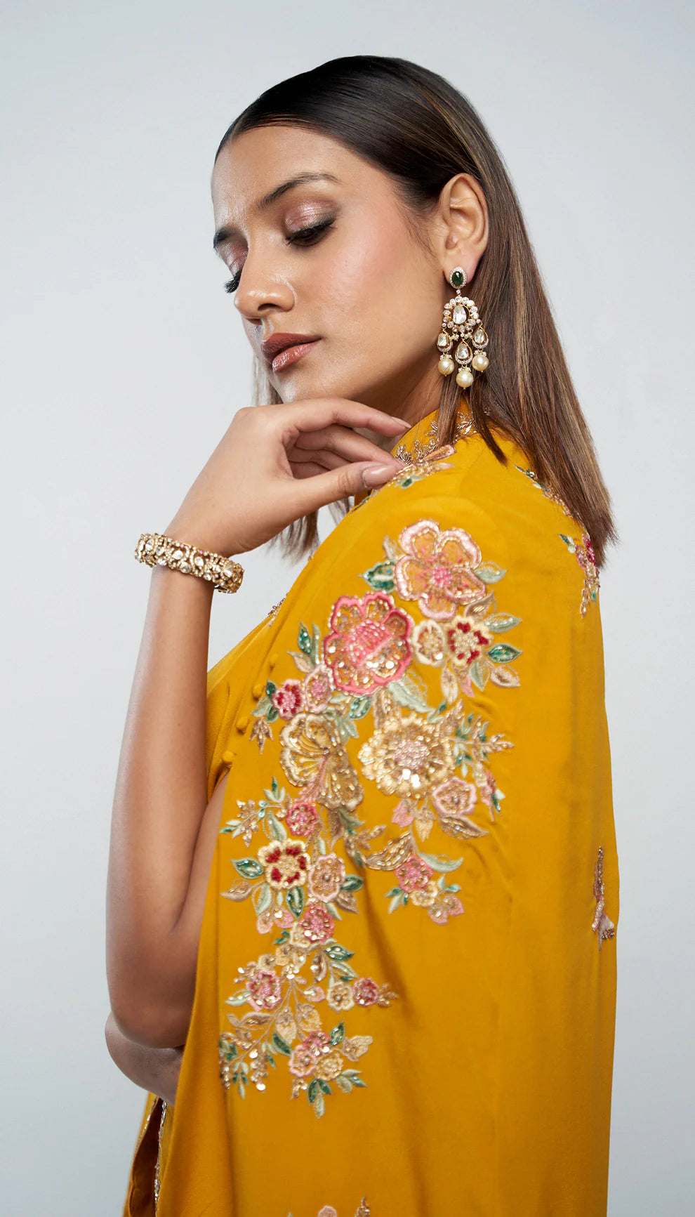 Melon yellow, sharara, tropical bloom embroidery, glass beads, sequins, crystal accents, matching crop top, embellished cape, yellow sharara, weddings, sangeet, evening occasions