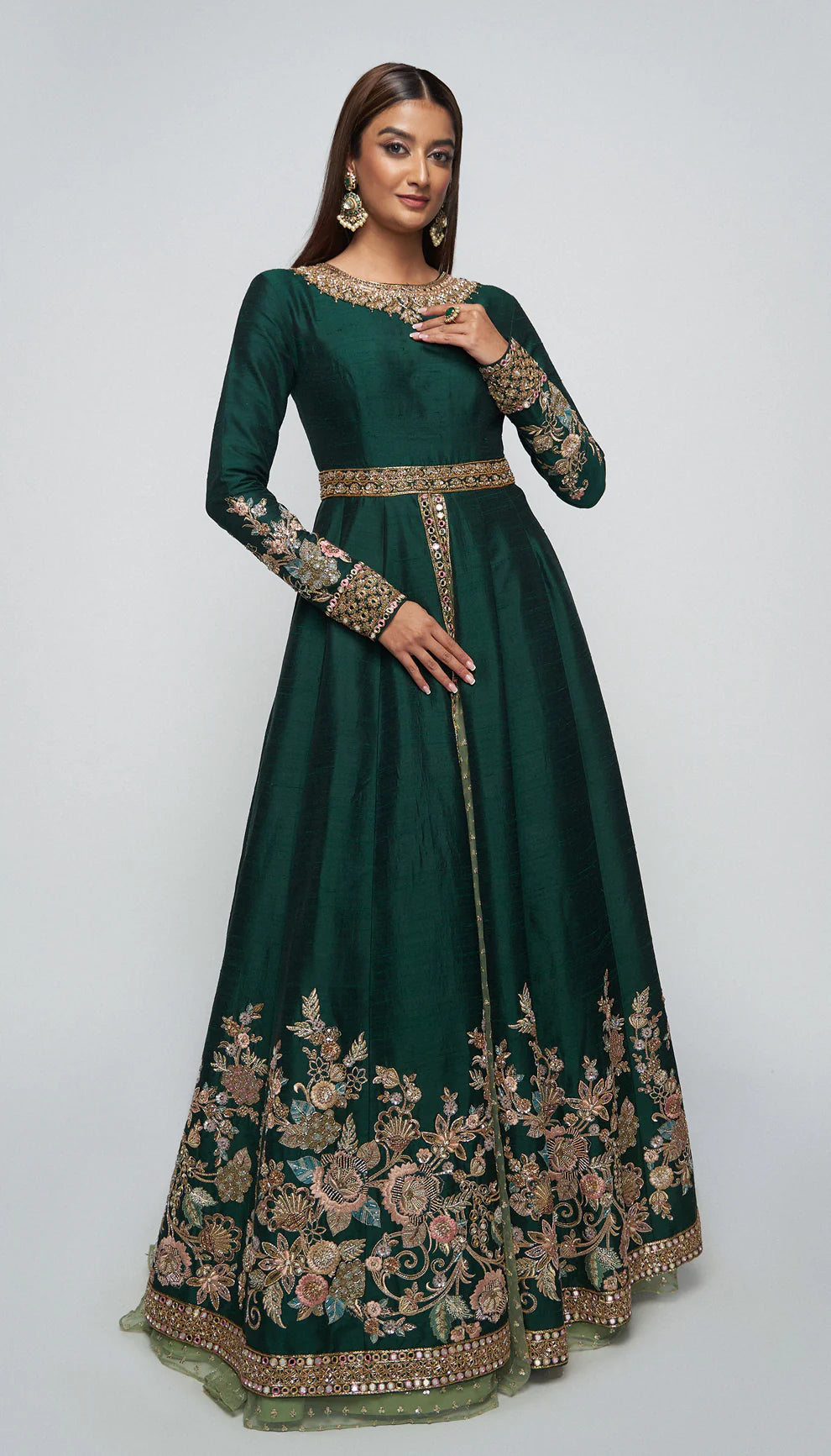 High- neck, forest green, raw silk jacket, floral embroidery, tulle net lehenga, high- neck jacket, weddings, soirees, evening celebrations