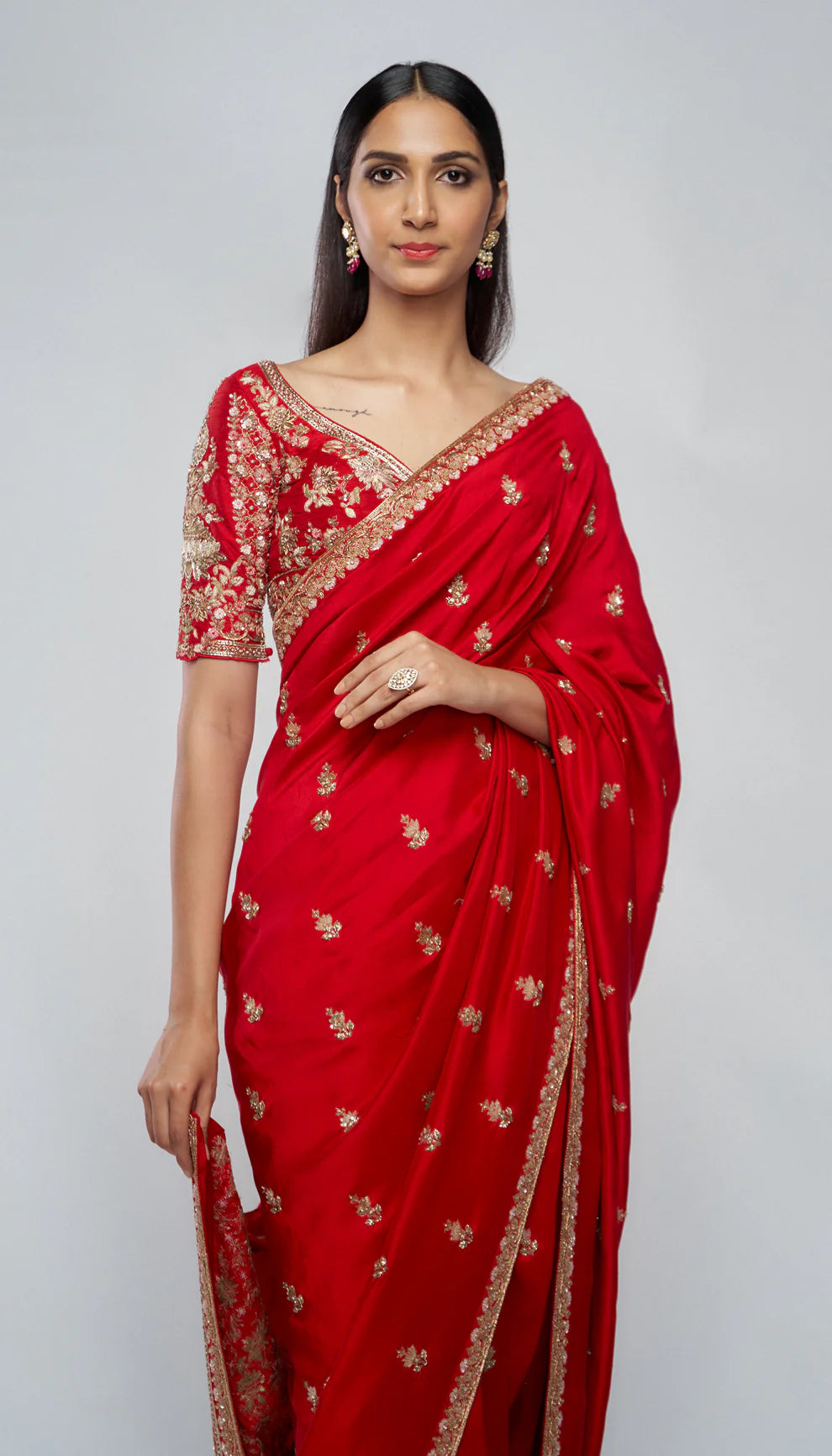 Cherry red, dupion silk saree, floral motifs, zardozi, peeta embroidery, floral border, silk blouse, aari, weddings, festive occasions, evening celebrations