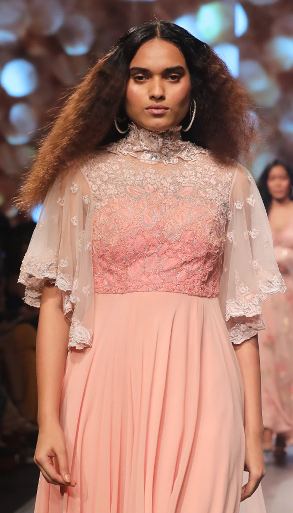 Pink Silk Georgette Kalidar with Bell Sleeves Dress