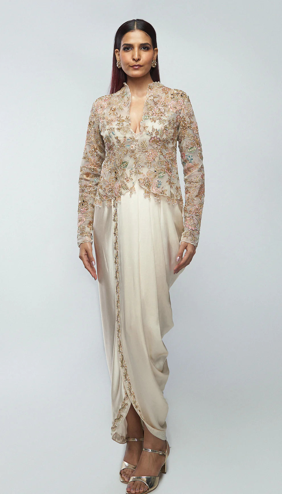 Ivory silk satin draped dress, structured tulle net jacket, florals, silk satin cowl dress, gold zardozi, mirrors, glass beads, weddings, cocktail, festive celebrations, soirees