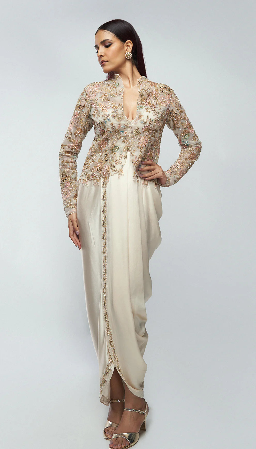 Ivory silk satin draped dress, structured tulle net jacket, florals, silk satin cowl dress, gold zardozi, mirrors, glass beads, weddings, cocktail, festive celebrations, soirees