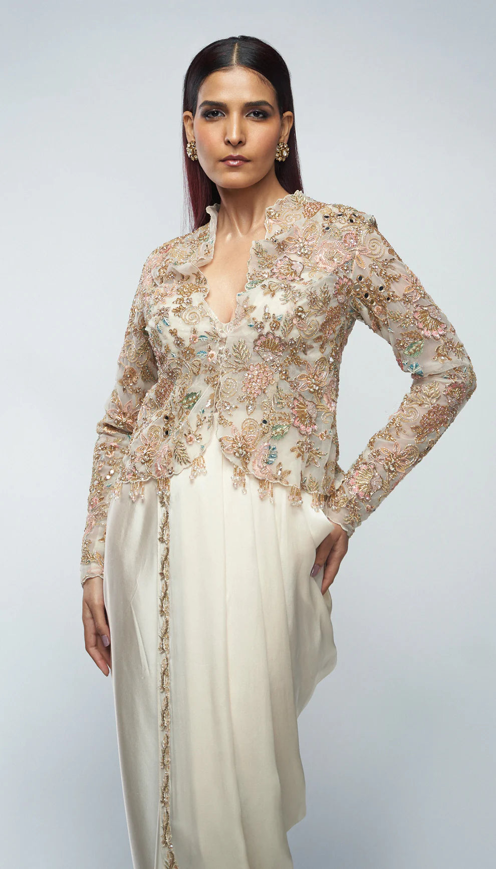 Ivory silk satin draped dress, structured tulle net jacket, florals, silk satin cowl dress, gold zardozi, mirrors, glass beads, weddings, cocktail, festive celebrations, soirees
