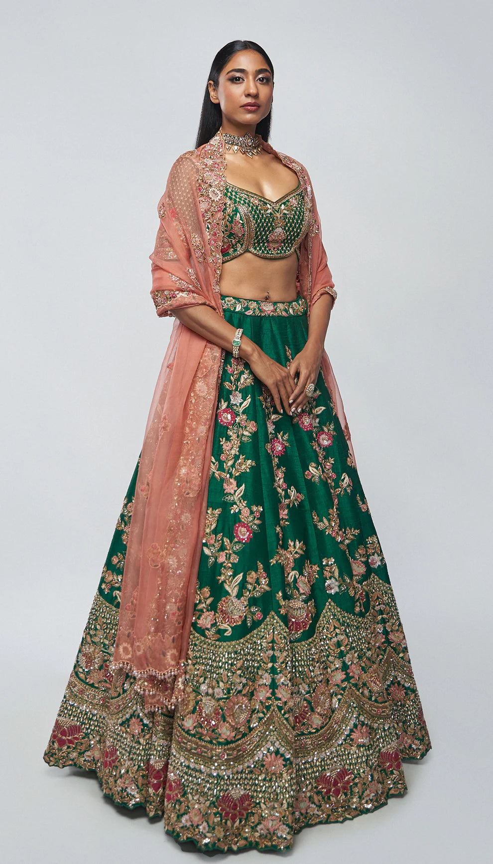 Forest green, raw silk lehenga, embroidered, lotus motifs, kali, zardozi, peeta, applique, embellished blouse, silk organza dupatta, wedding, festive occasions, evening events, green lehenga, designer lehenga, green silk lehenga, designer silk lehenga