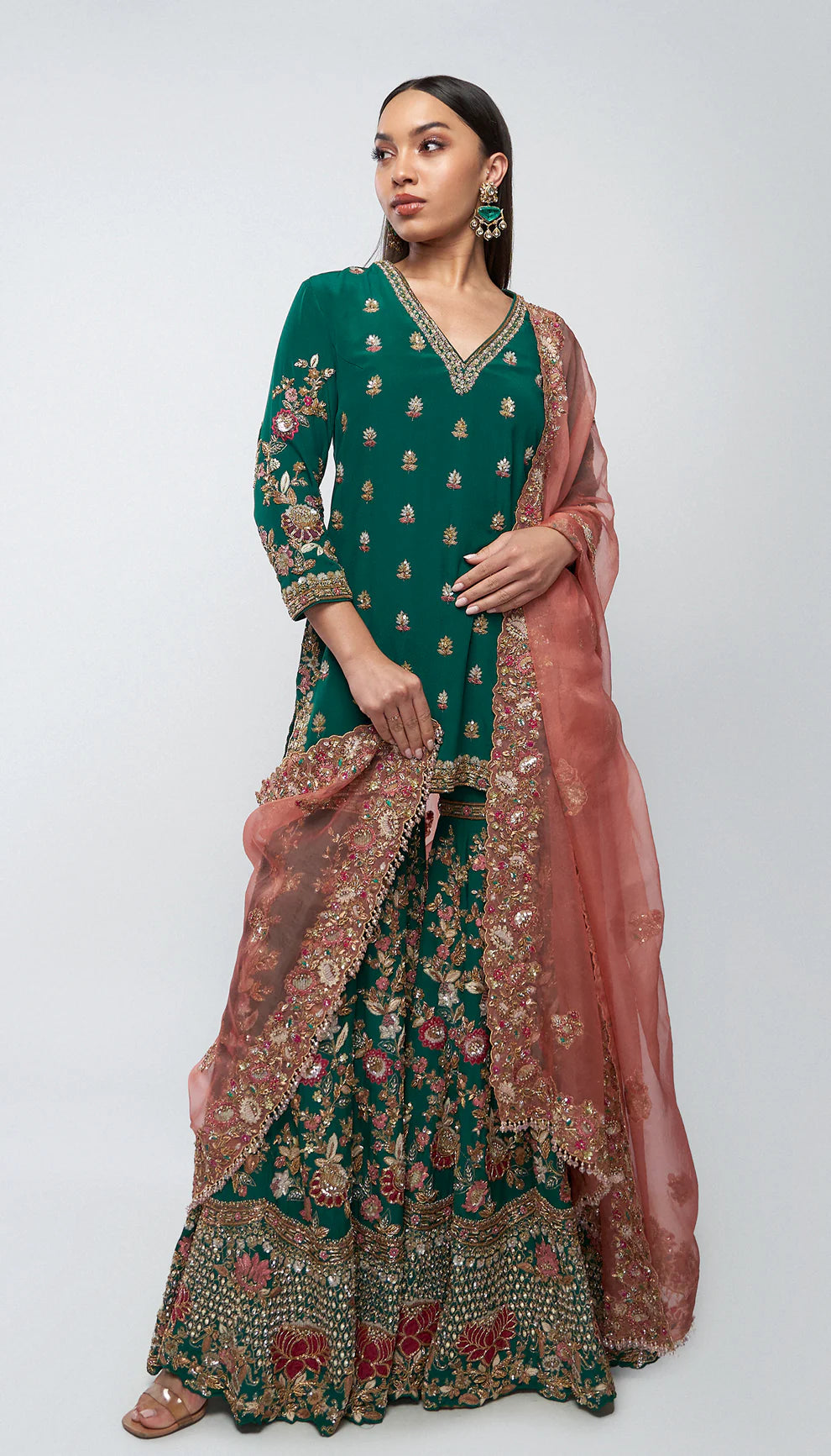 Forest green, silk crepe sharara, embroidered, lotus motifs, kali, zardozi, peeta, applique, embellished kurti, silk organza dupatta, wedding, festive gatherings, evening occasions, green sharara, sharara set, silk sharara set