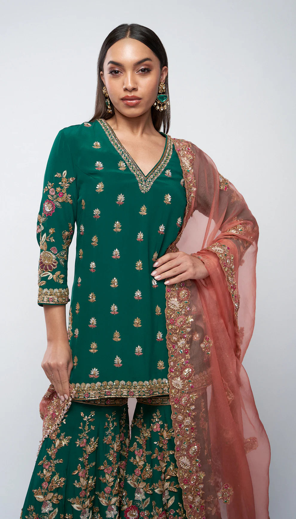Forest green, silk crepe sharara, embroidered, lotus motifs, kali, zardozi, peeta, applique, embellished kurti, silk organza dupatta, wedding, festive gatherings, evening occasions