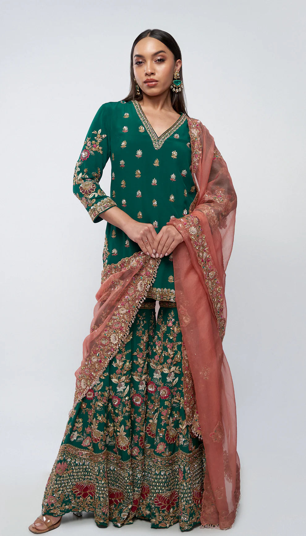 Forest green, silk crepe sharara, embroidered, lotus motifs, kali, zardozi, peeta, applique, embellished kurti, silk organza dupatta, wedding, festive gatherings, evening occasions, green sharara, sharara set, silk sharara set