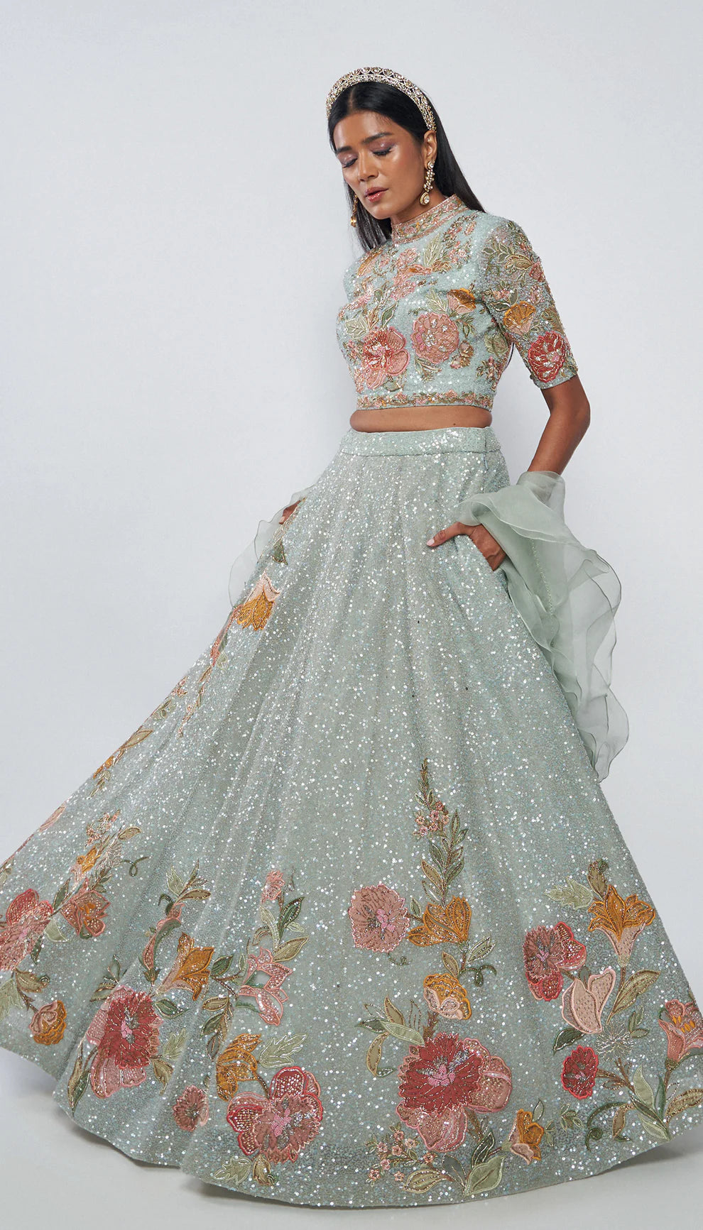 Alice blue, tulle net lehenga, floral embroidery, rose gold zardozi, beadwork, sequin, embroidered crop top, silk organza dupatta, weddings, receptions, festive celebrations