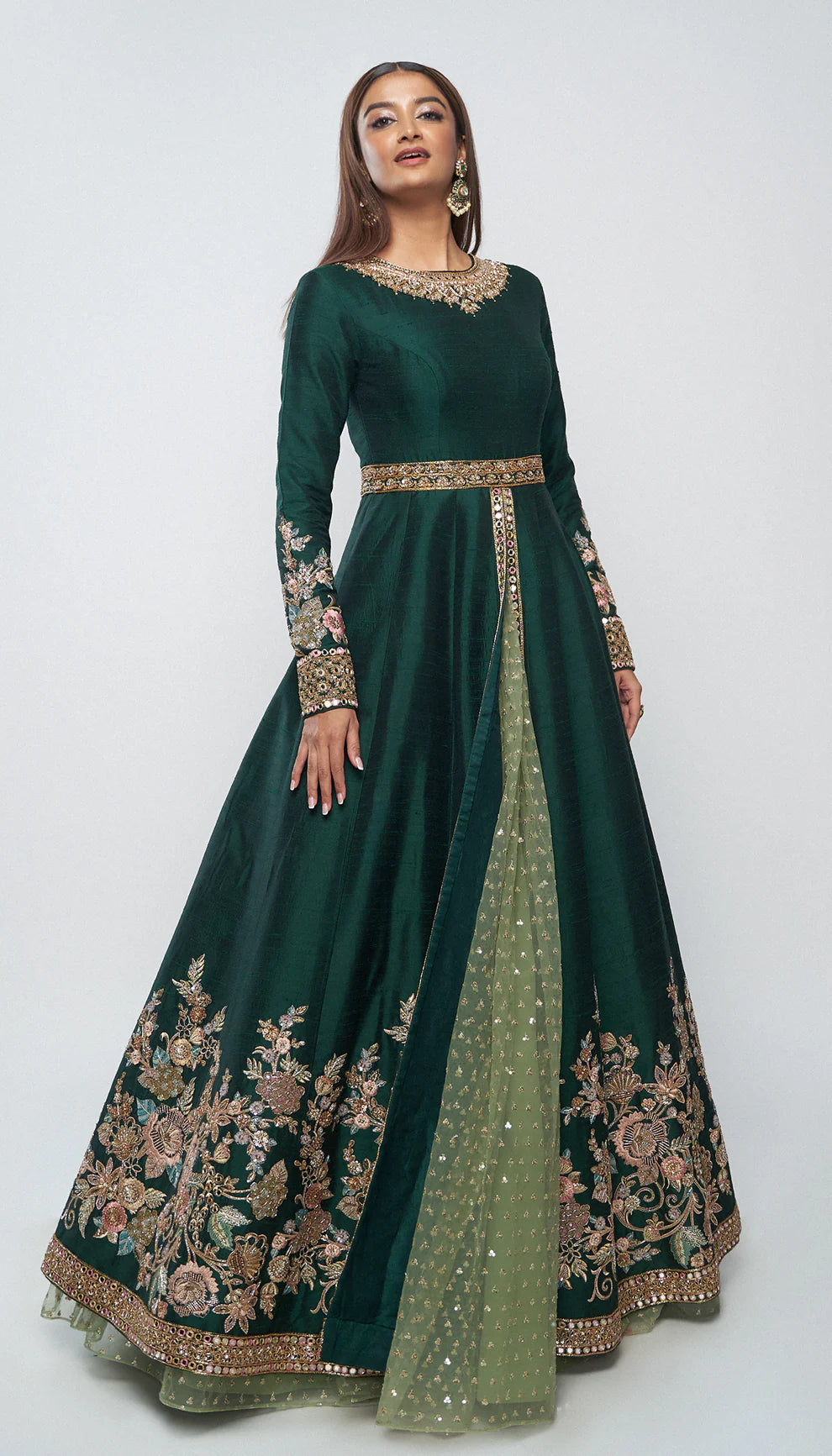 High- neck, forest green, raw silk jacket, floral embroidery, tulle net lehenga, high- neck jacket, weddings, soirees, evening celebrations