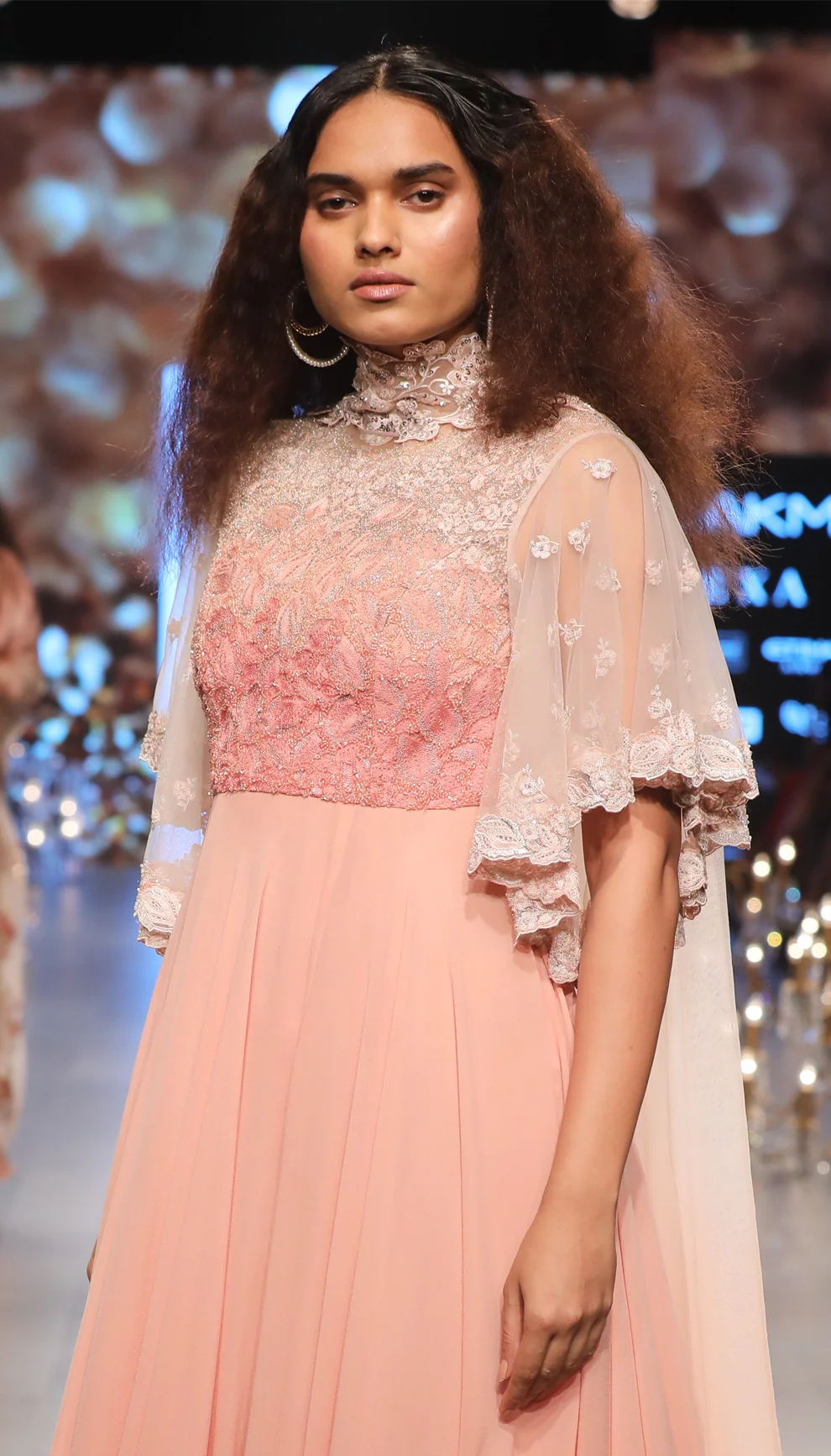 Pink Silk Georgette Kalidar with Bell Sleeves Dress