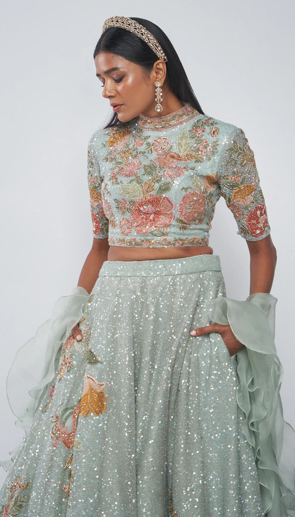 Alice blue, tulle net lehenga, floral embroidery, rose gold zardozi, beadwork, sequin, embroidered crop top, silk organza dupatta, weddings, receptions, festive celebrations