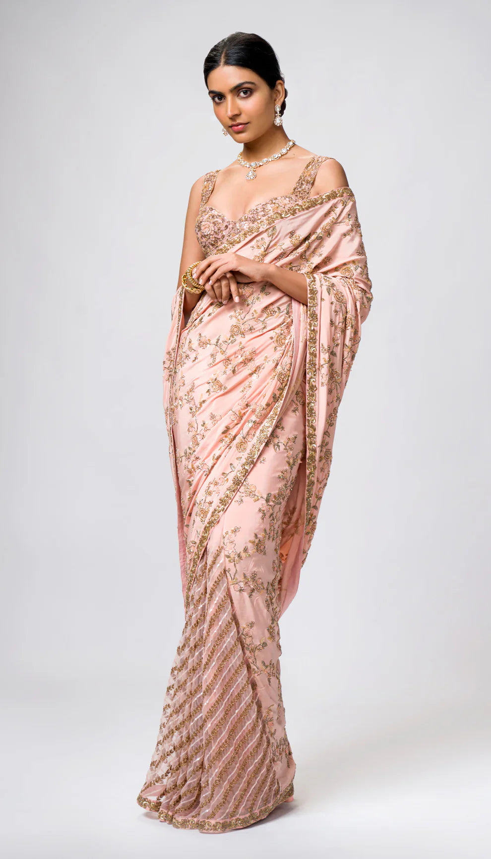 An Elegant Blush-Pink Half and Half Crepe Silk and Tulle Saree