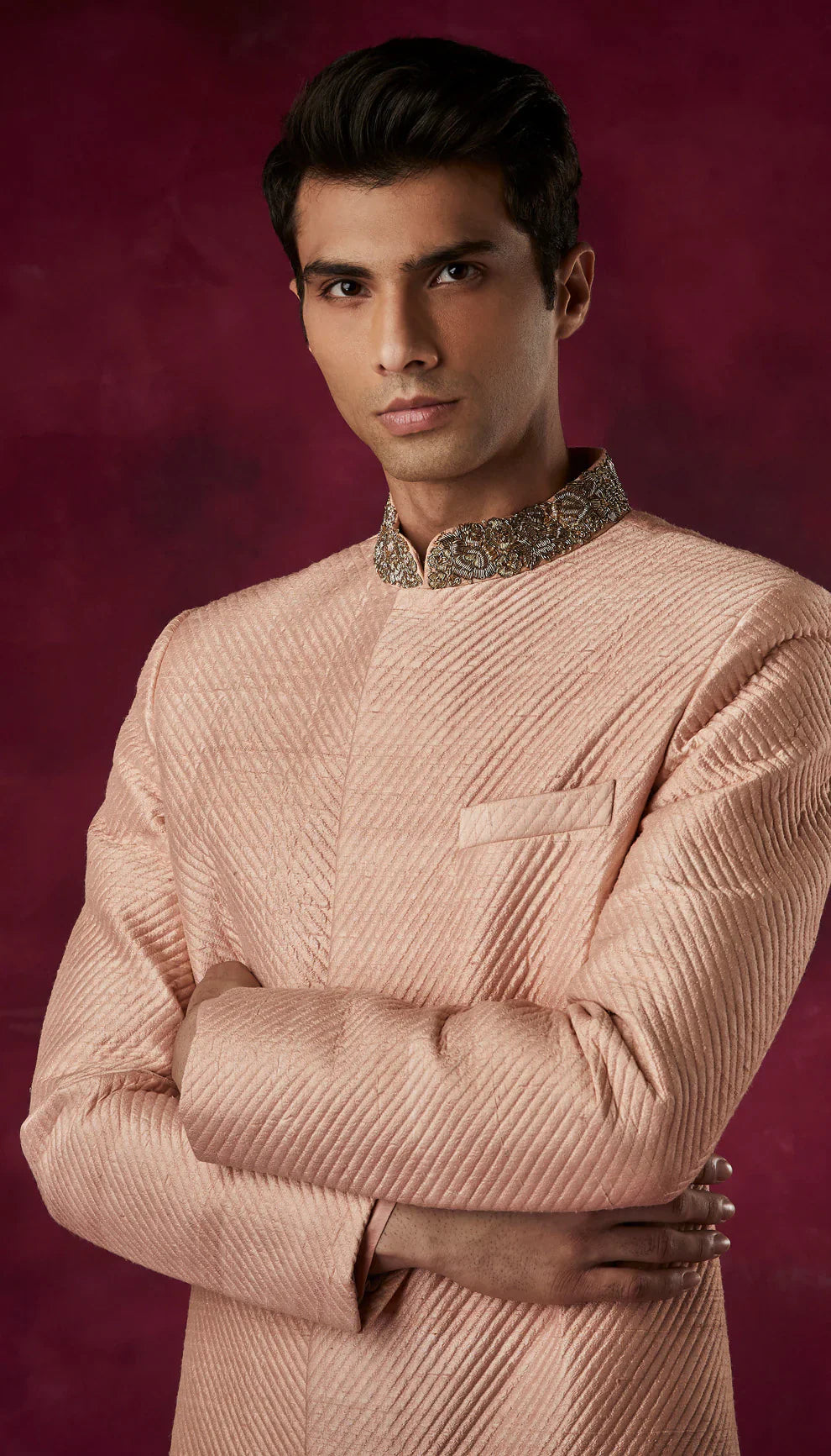 Blush Pink Raw Silk Quilted Sherwani