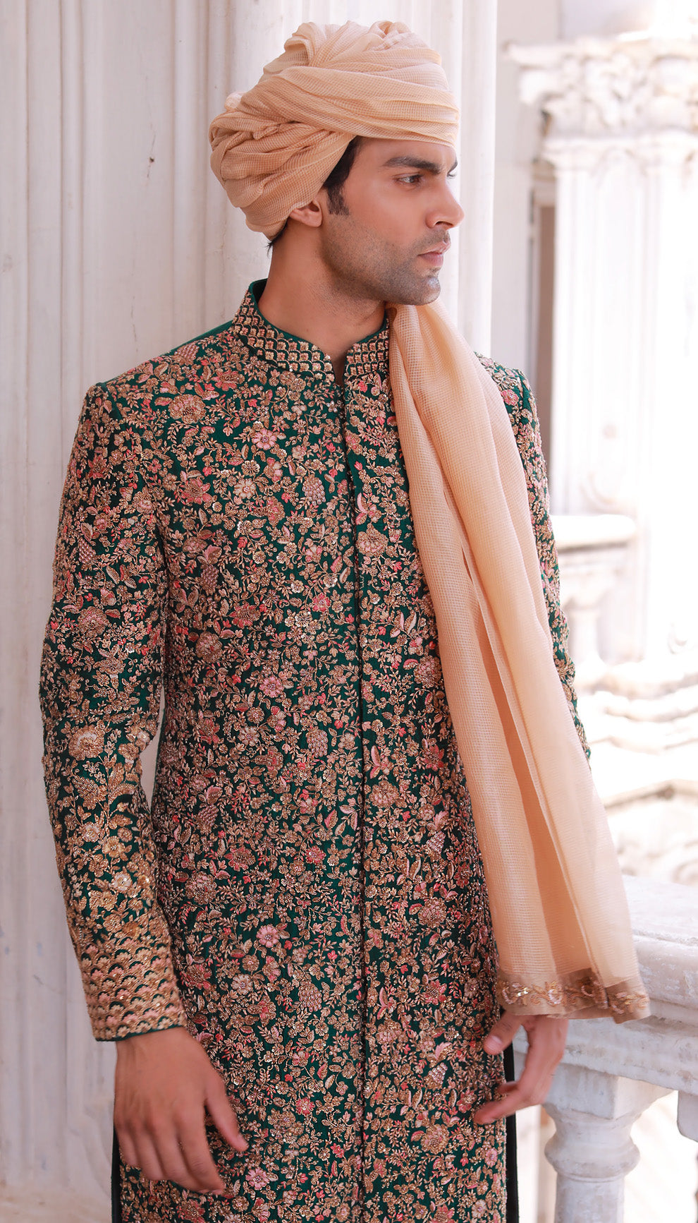 The Verdant Green Raw Silk Sherwani