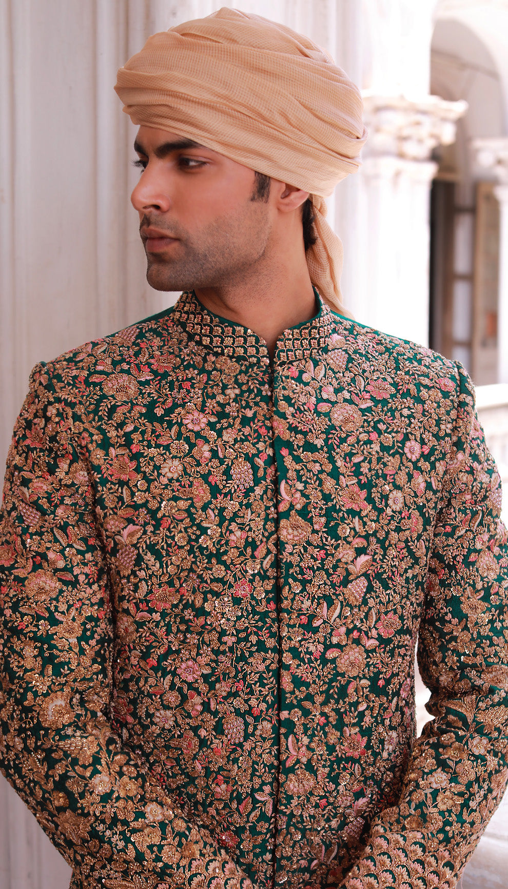 Man in The Verdant Green Raw Silk Sherwani by Shyamal & Bhumika.