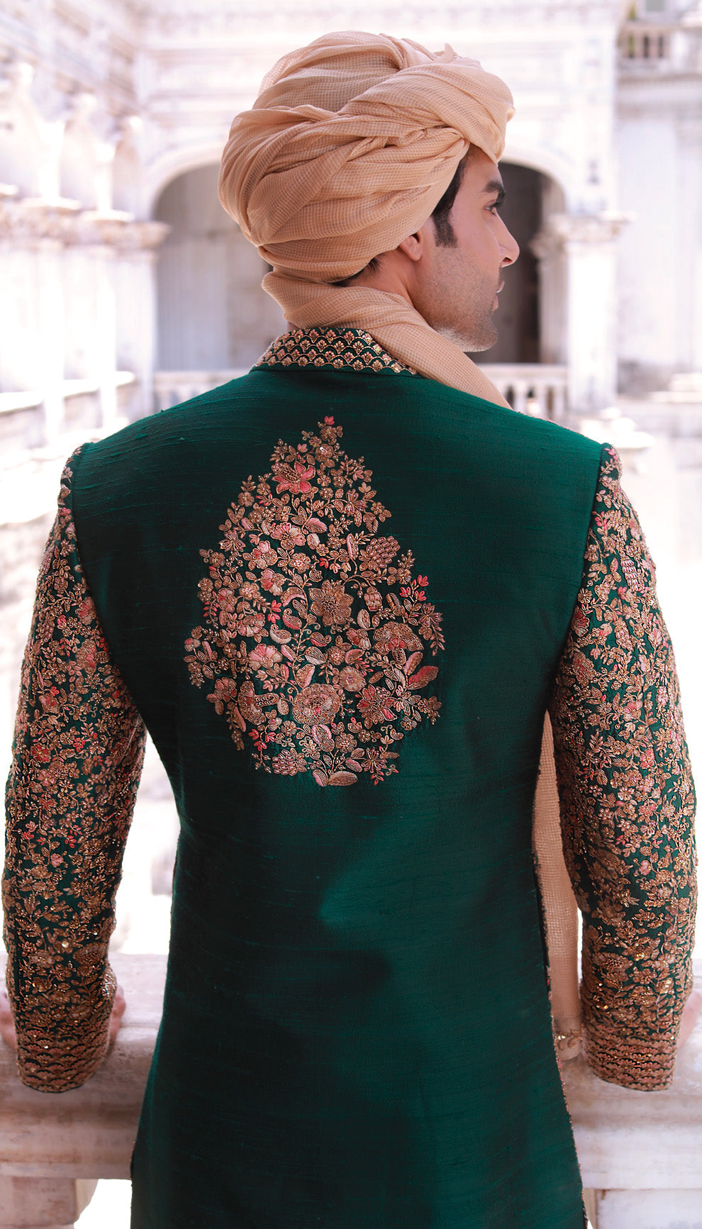 Man in The Verdant Green Raw Silk Sherwani by Shyamal & Bhumika.