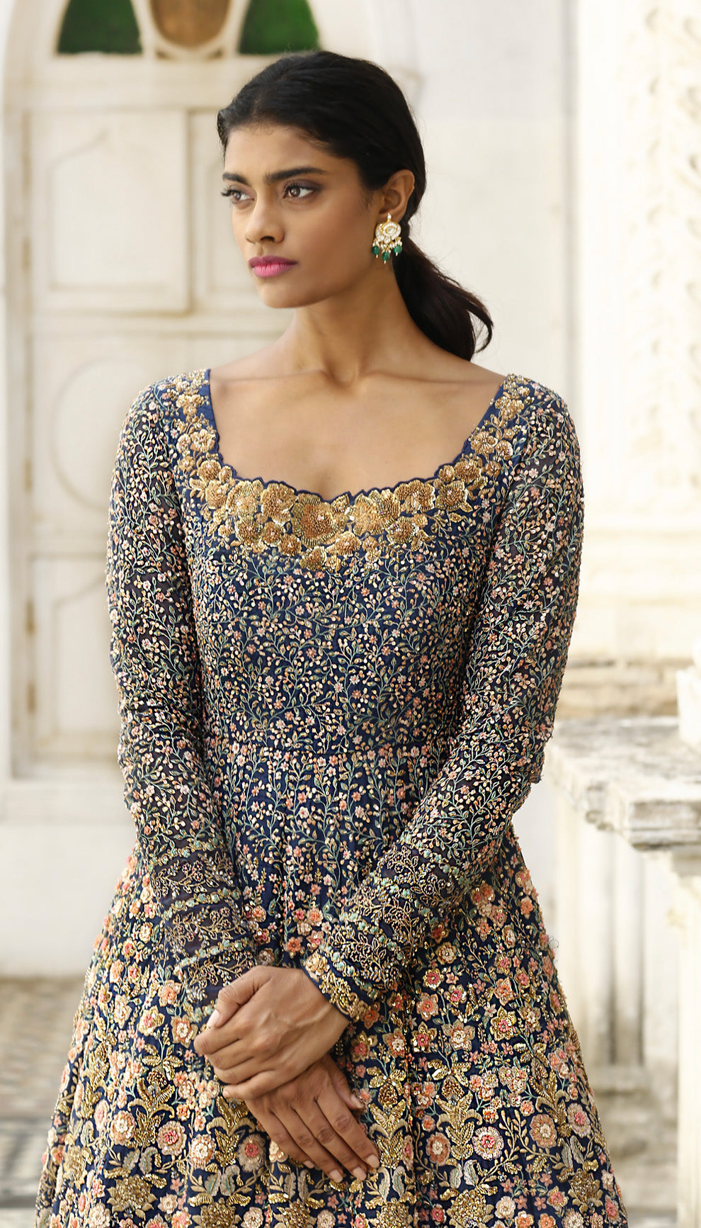 Woman wearing The Royal Blue Embroidered Gown by Shyamal & Bhumika.