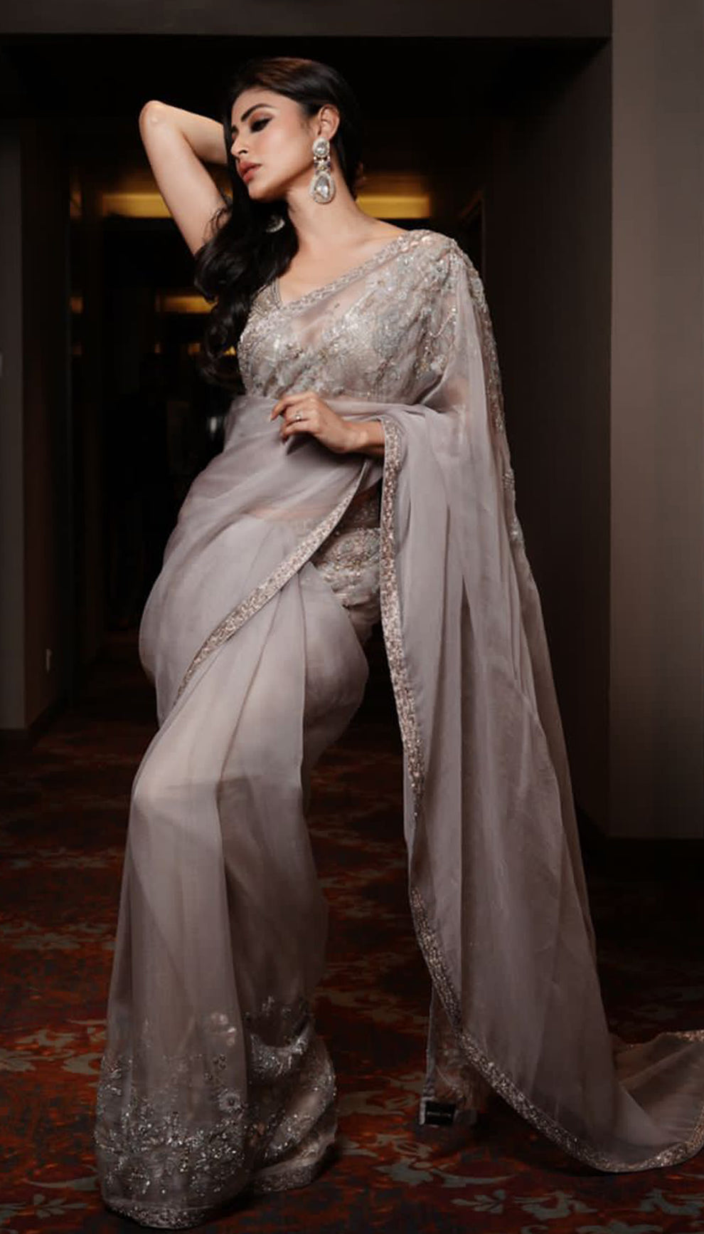 Mouni Roy in a moon grey organza saree by shyamal & bhumika