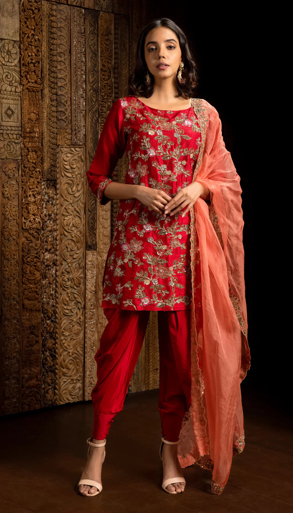 Crimson Red Embroidered Top with Cowl Pants and Dupatta