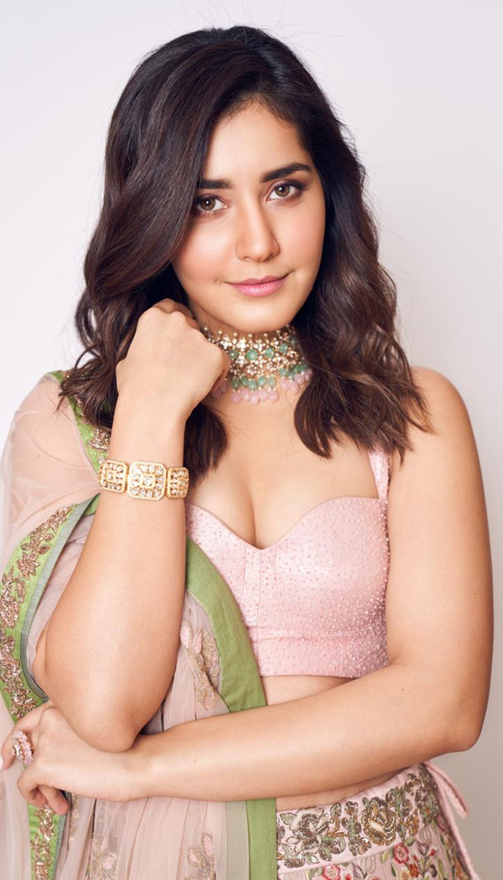 Raashi khanna in shell pink raw silk lehenga by shyamal & bhumika