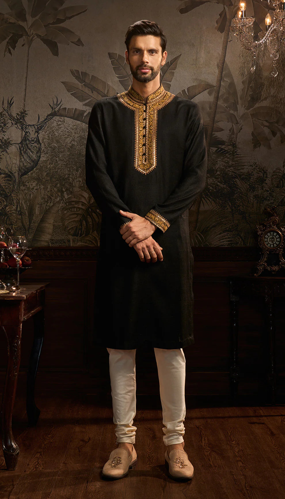 Black matka silk kurta, gold embroidery, weddings, festive occasions, evening celebrations