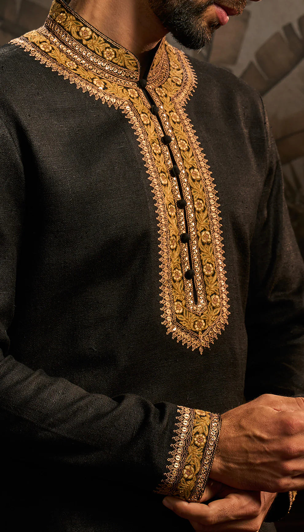 Black matka silk kurta, gold embroidery, weddings, festive occasions, evening celebrations
