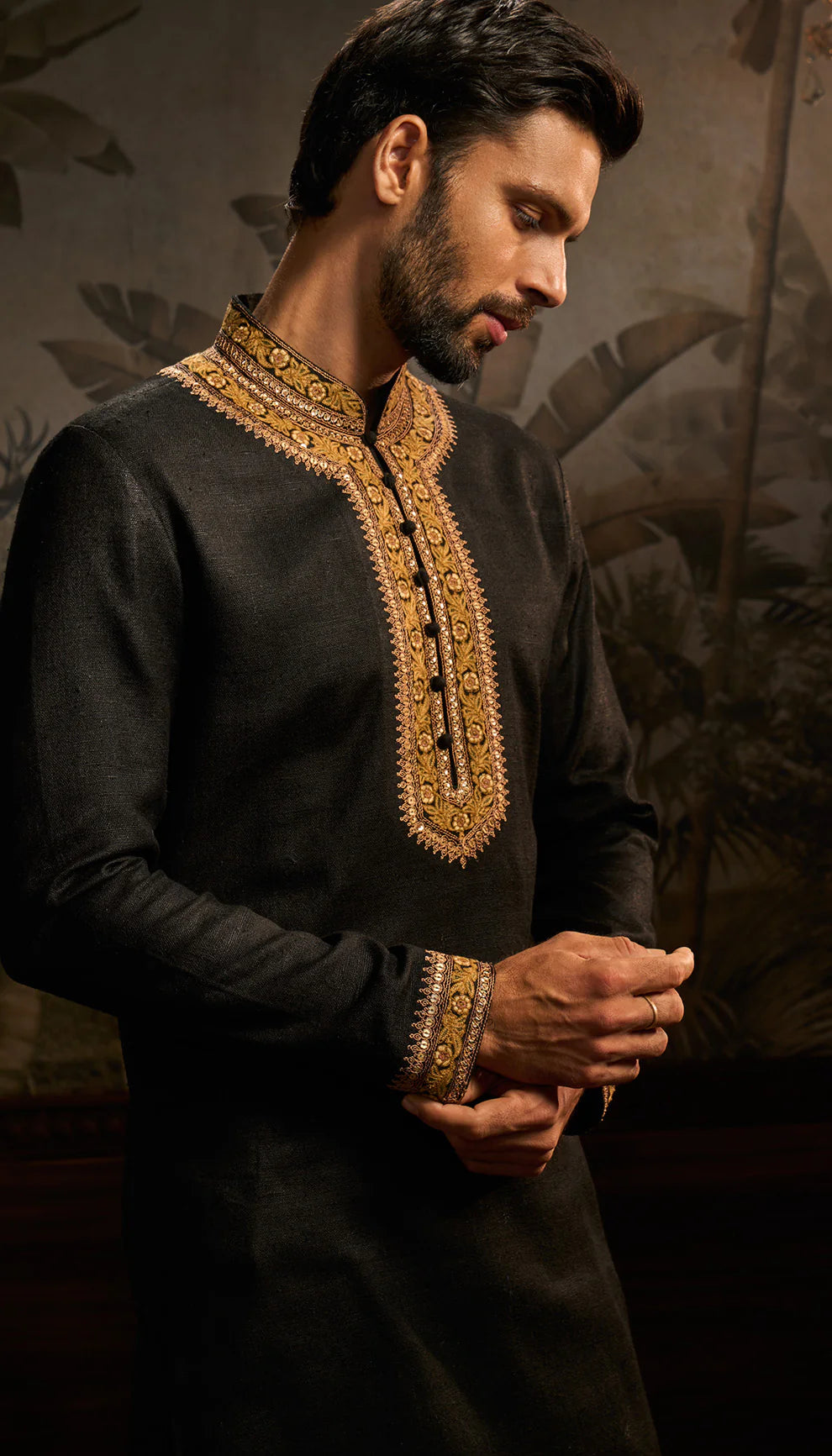 Black matka silk kurta, gold embroidery, weddings, festive occasions, evening celebrations