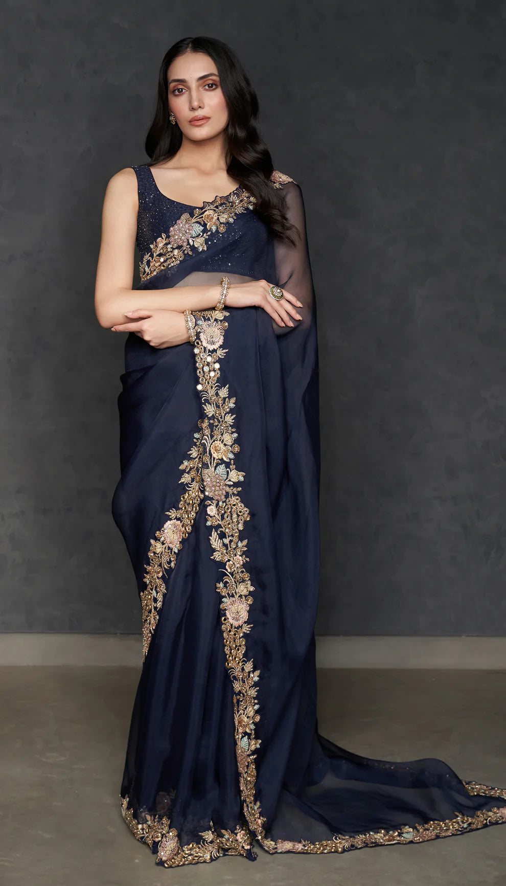 Midnight Blue Les Fleur Saree