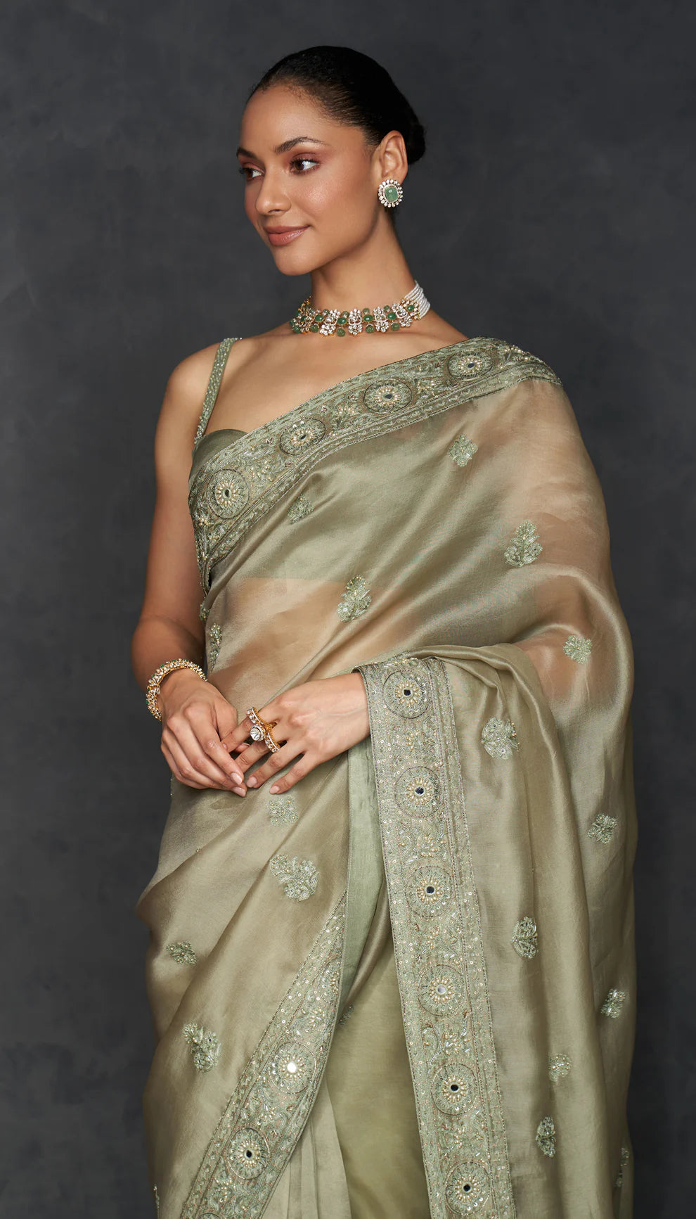 Olive Green Organza Saree
