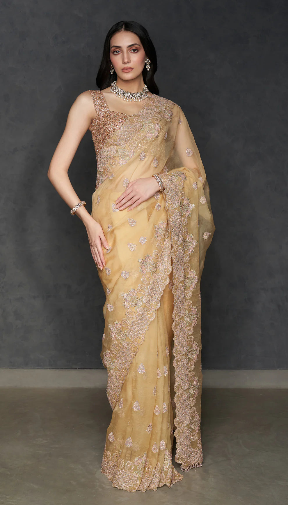 Muted Yellow Organza Saree
