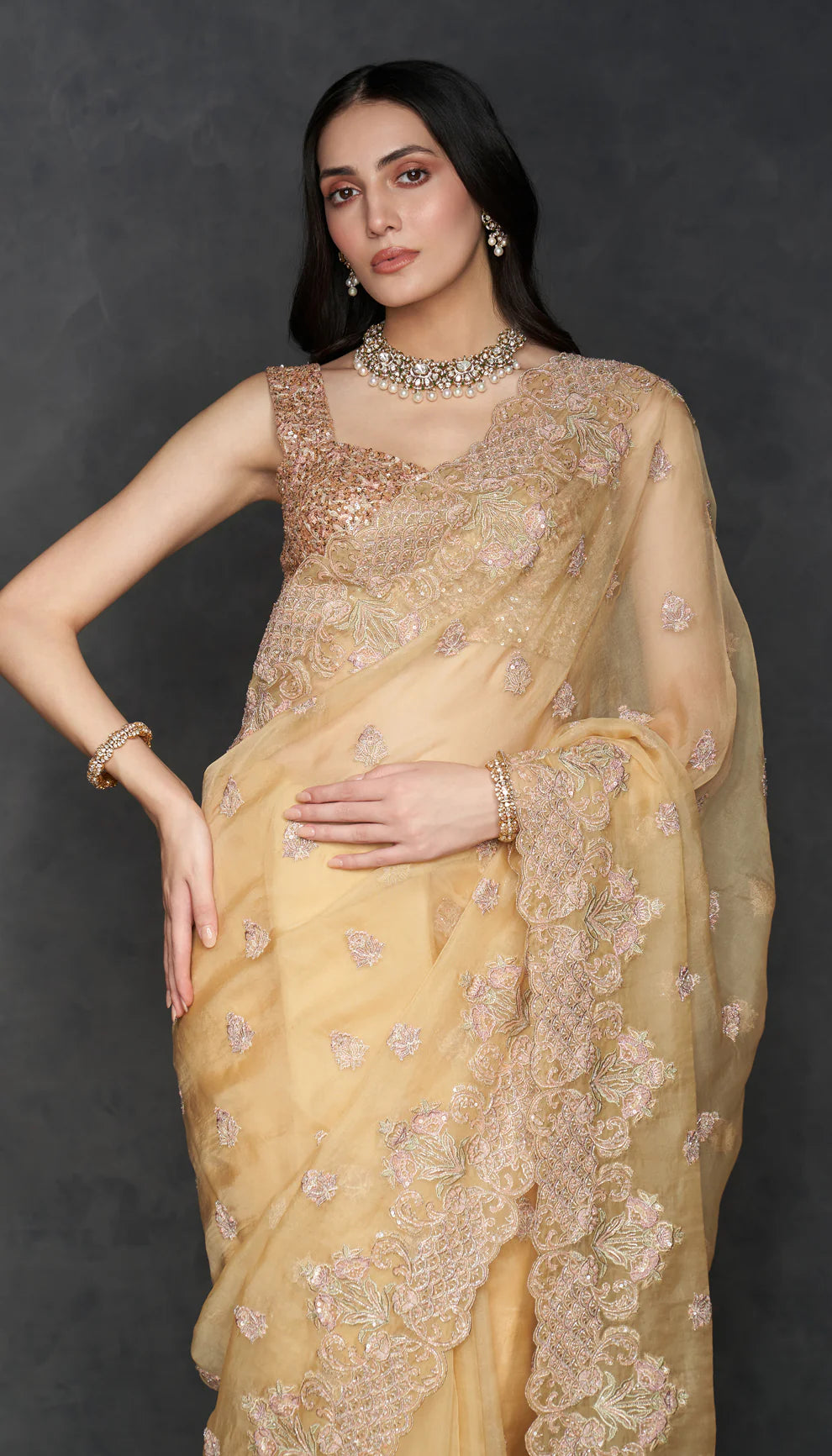 Muted Yellow Organza Saree
