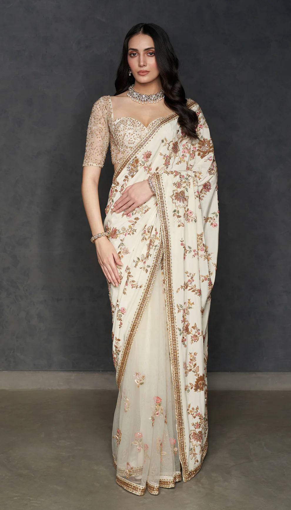 Vintage Ivory Crepe Silk Saree