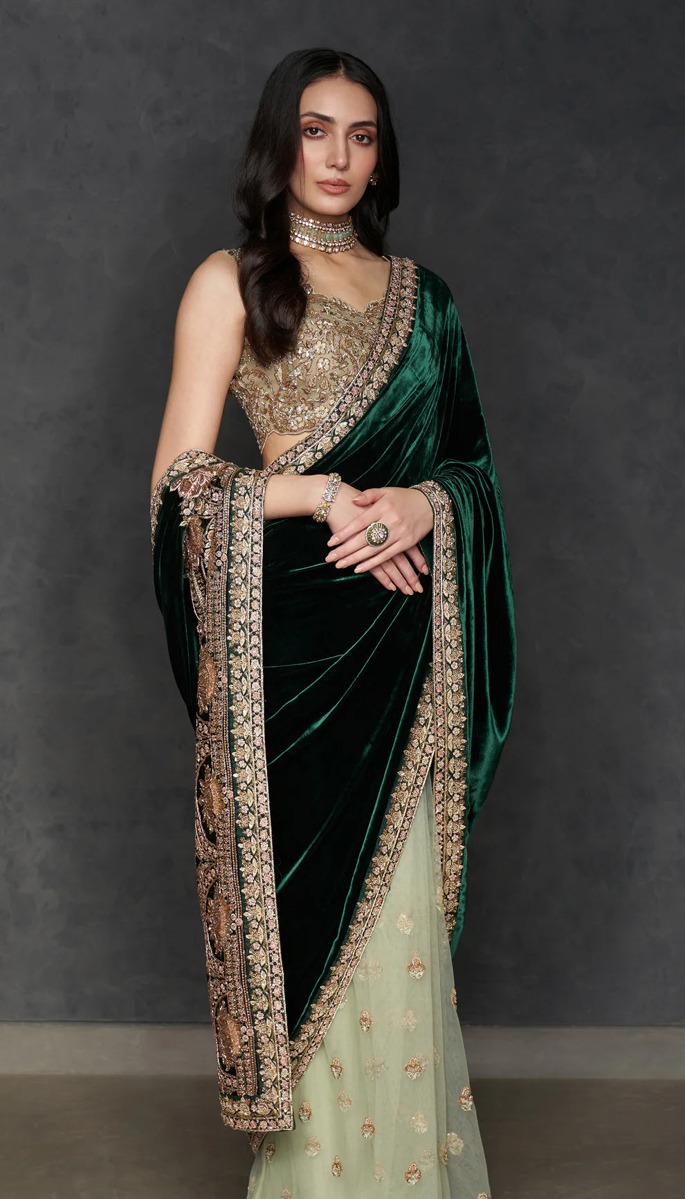 Deep Green Velvet Saree
