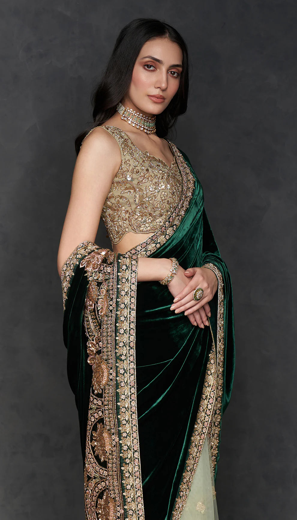 Deep Green Velvet Saree