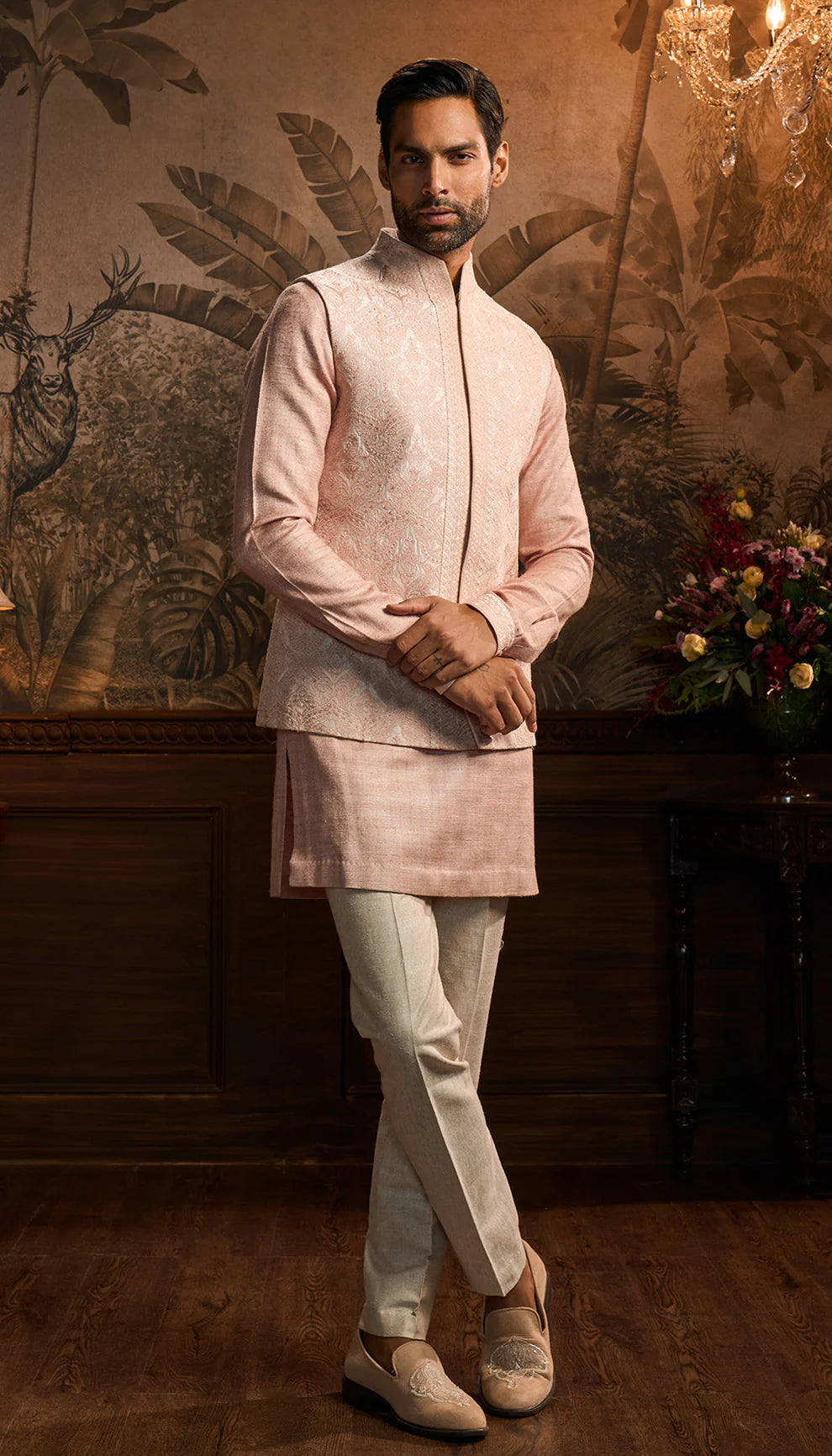 Blush pink raw silk bandi, tonal, resham embroidery, complementing matka silk kurta, trousers, bandi set, weddings, festive occasions, evening celebrations