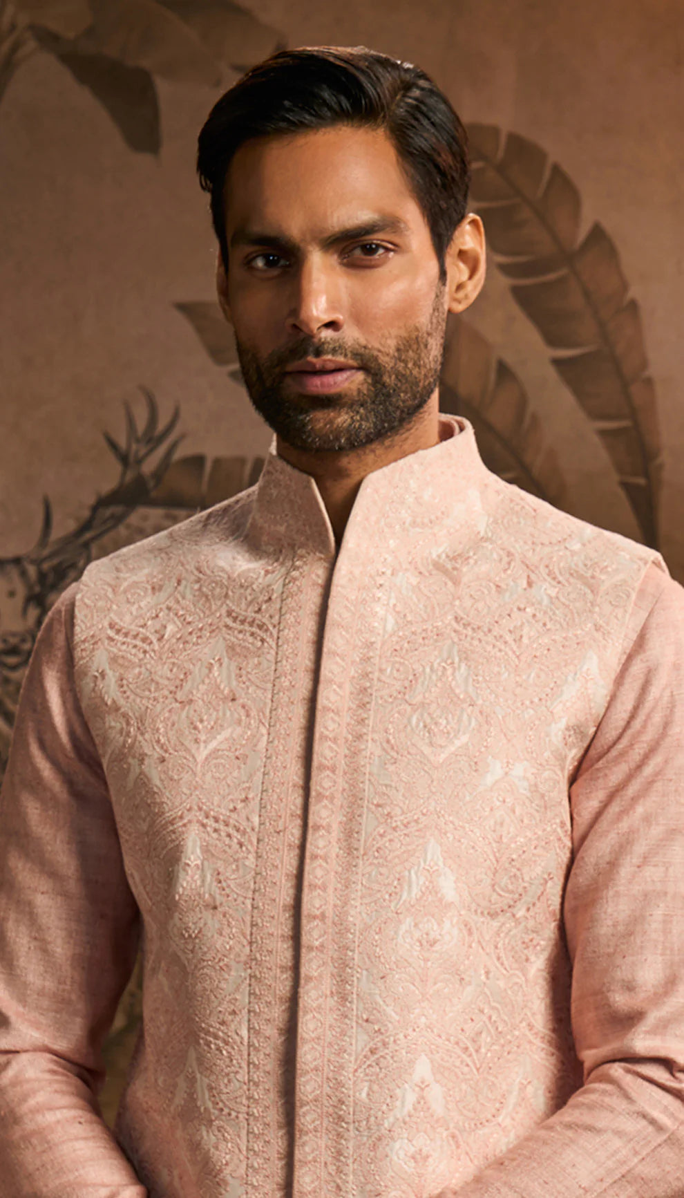 Blush pink raw silk bandi, tonal, resham embroidery, complementing matka silk kurta, trousers, bandi set, weddings, festive occasions, evening celebrations