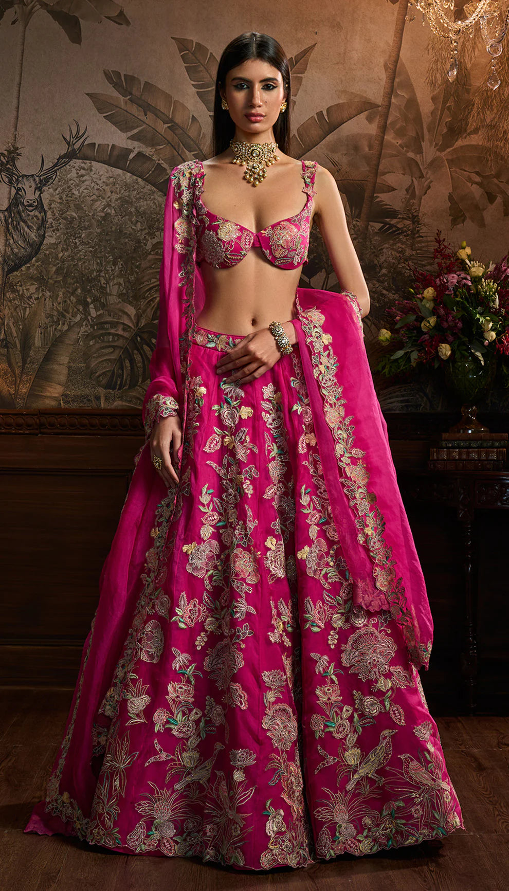 Rani pink silk organza lehenga, contrast resham embroidery, floral cutwork bustier, organza dupatta, lehenga, weddings, festive occasions, grand celebrations.