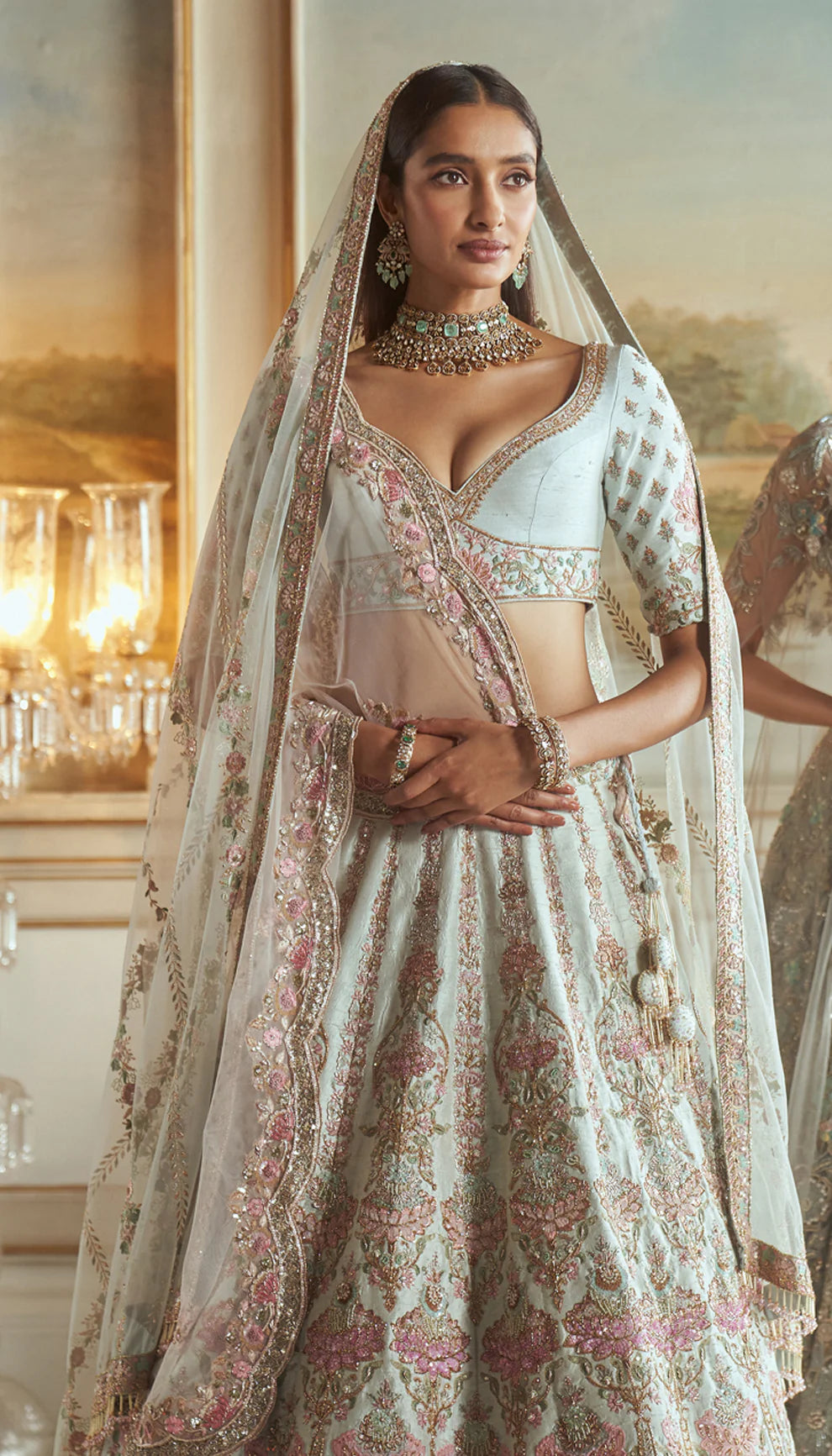 Iceberg blue, raw silk lehenga, lotus motifs, applique, zardozi embroidery, detailed, sky blue, raw silk, matching choli, tulle net dupatta, light blue bridal lehenga, weddings, festive celebrations, evening receptions, destination wedding, sangeet, reception, designer lehenga, light blue lehenga, designer blue lehenga